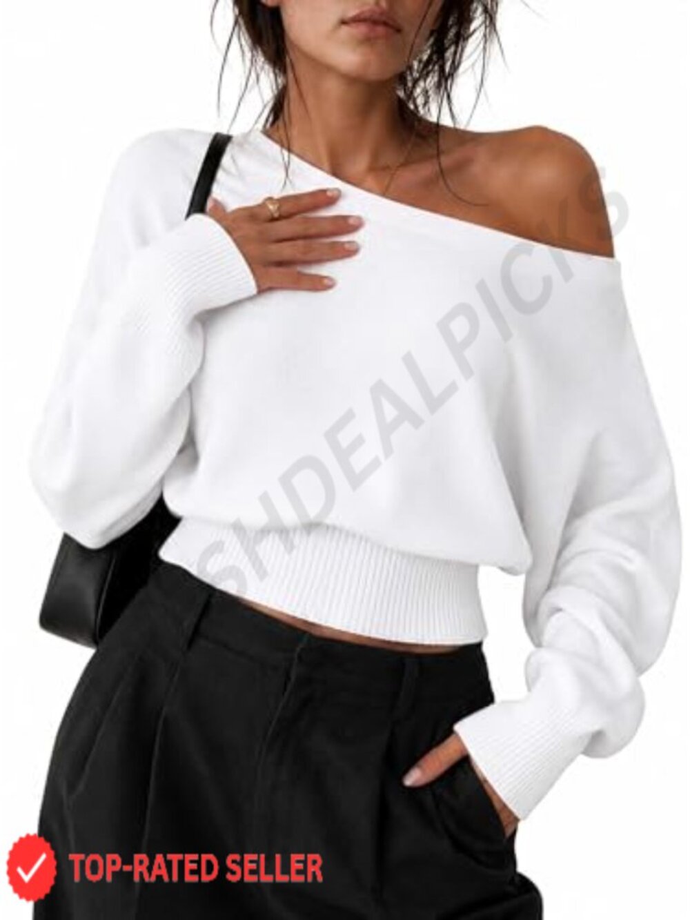 Remidoo Off Shoulder Knit Crop Sweater Long Sleeve Pullover
